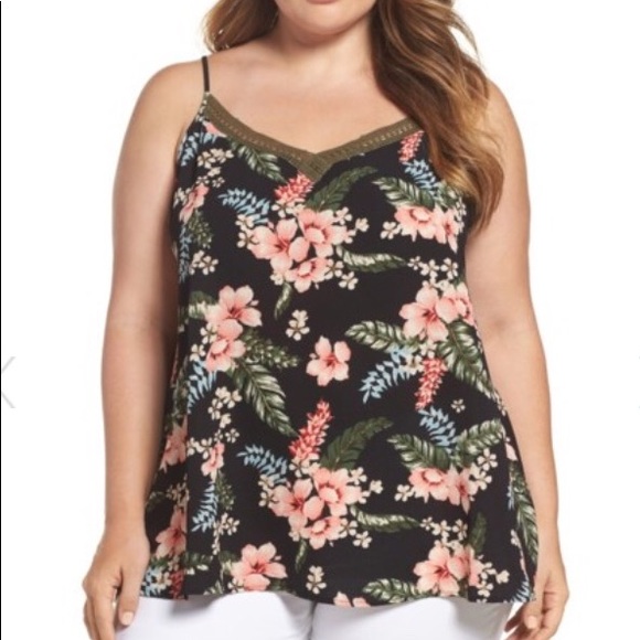 Tropical Floral Camisole Tank‎ with Crochet Details - Picture 1 of 5
